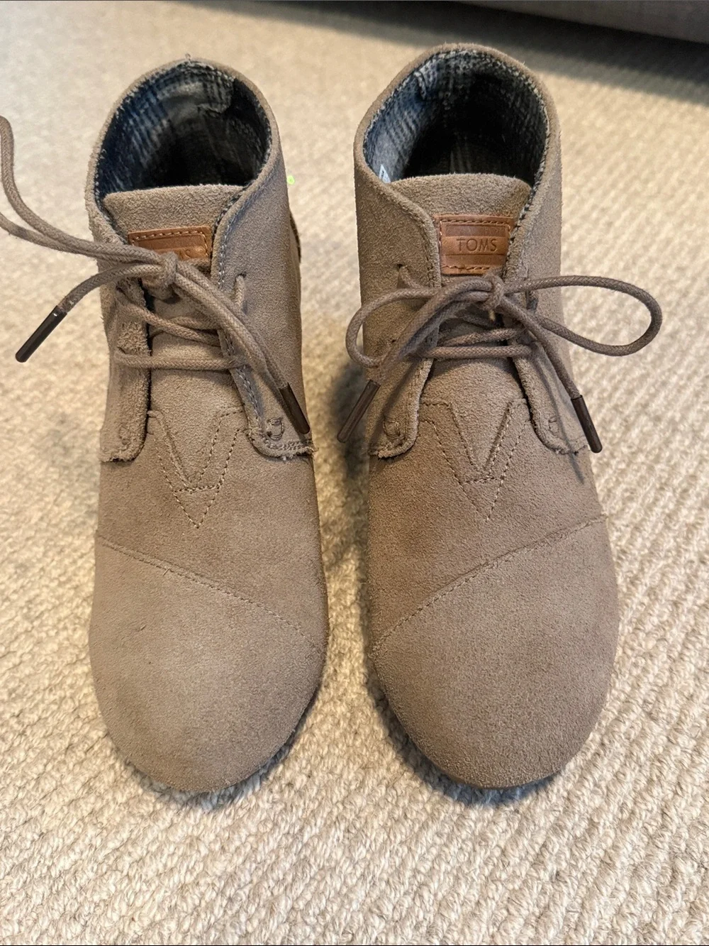TOMS Taupe Suede Lace-Up Wedge Ankle Boots